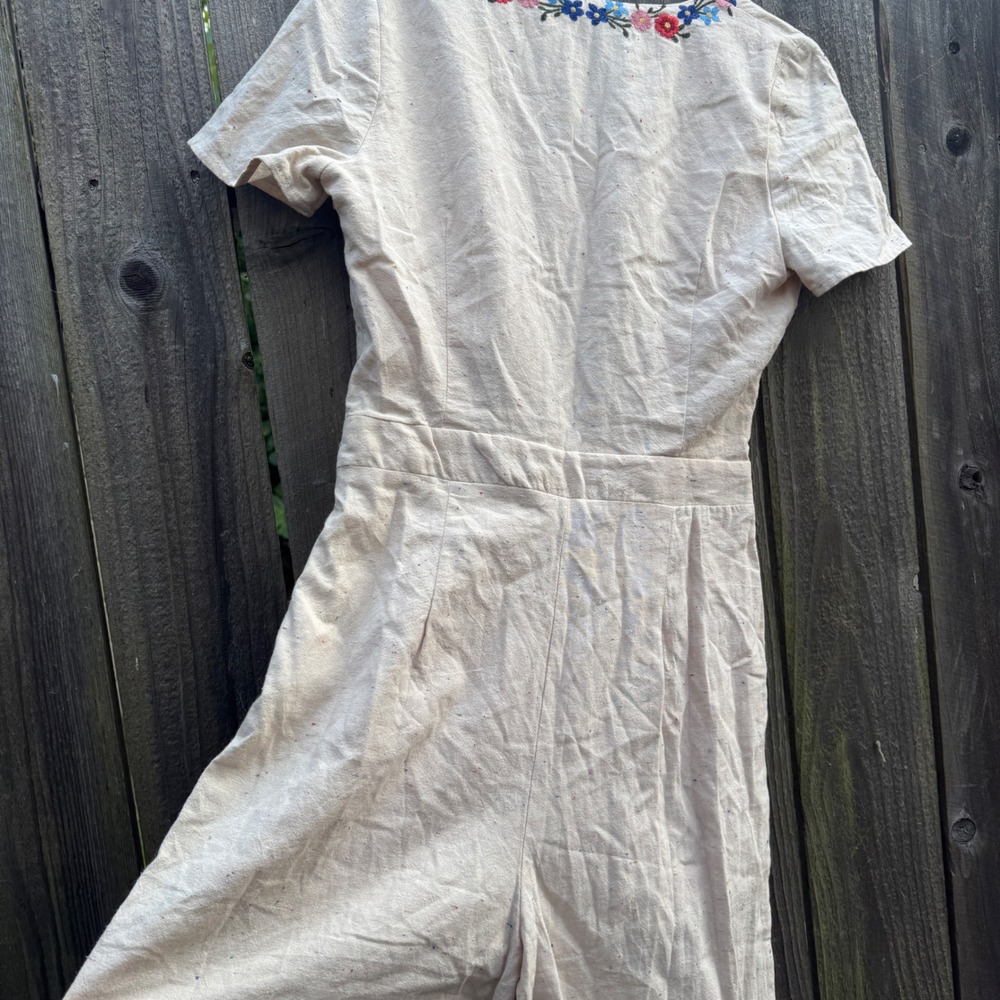 Anthropologie JOA Embroidered Tie Front Jumpsuit Large Beige Floral Wide Leg - Picture 15 of 16